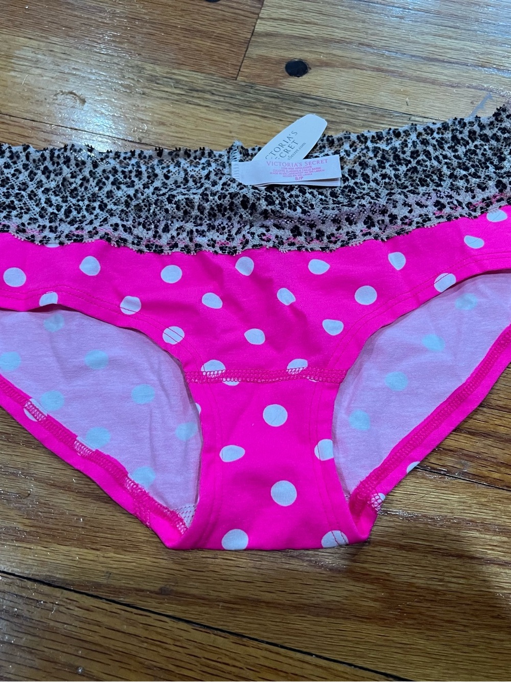 PINK Victoria's Secret Hot Pink Polka Dot Bikini Bottoms w Leopard Waistband S